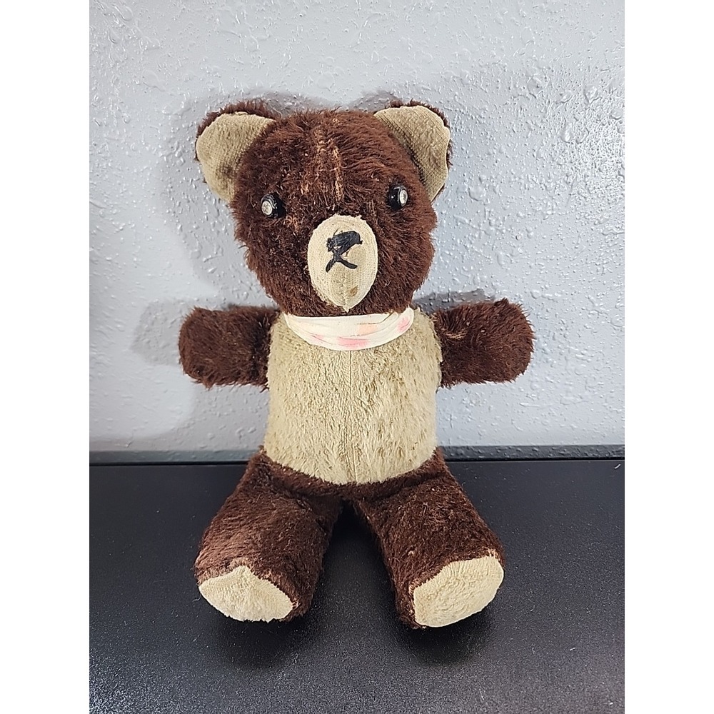 20s-40's Teddy Bear 12" Tall Brown And White Button Eyes Vintage Antique
